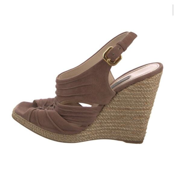 PRADA Platform Wedge Sandal Espadrilles Suede Beige Tan Strappy Size US 7/EU 37 - Picture 3 of 5